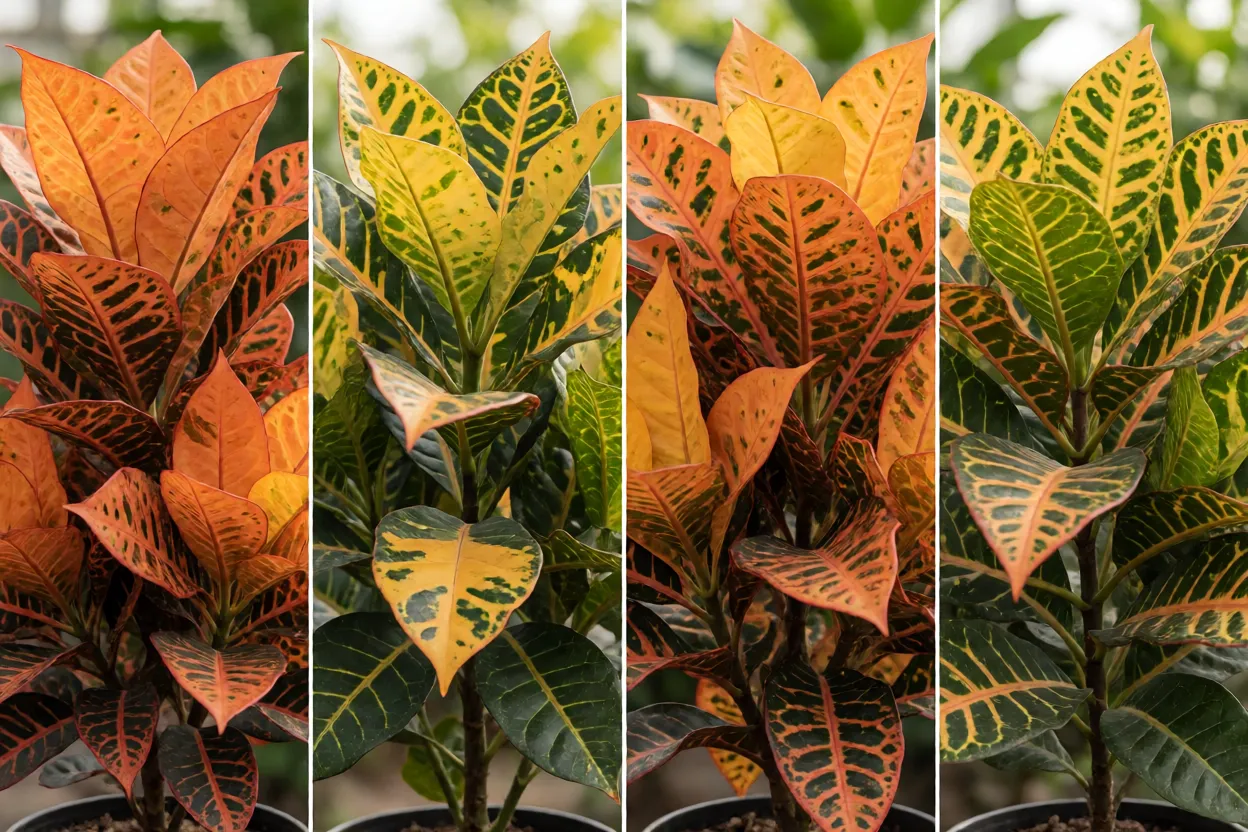 Diferentes cultivares de croton lado a lado mostrando formatos de folhas variados