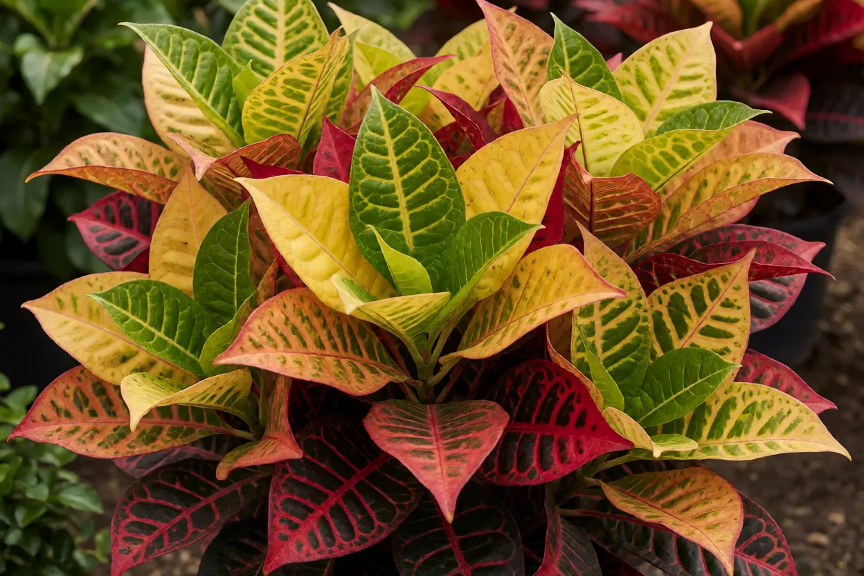 Folhas de croton em diferentes est&aacute;gios de maturidade mostrando mudan&ccedil;a de cor