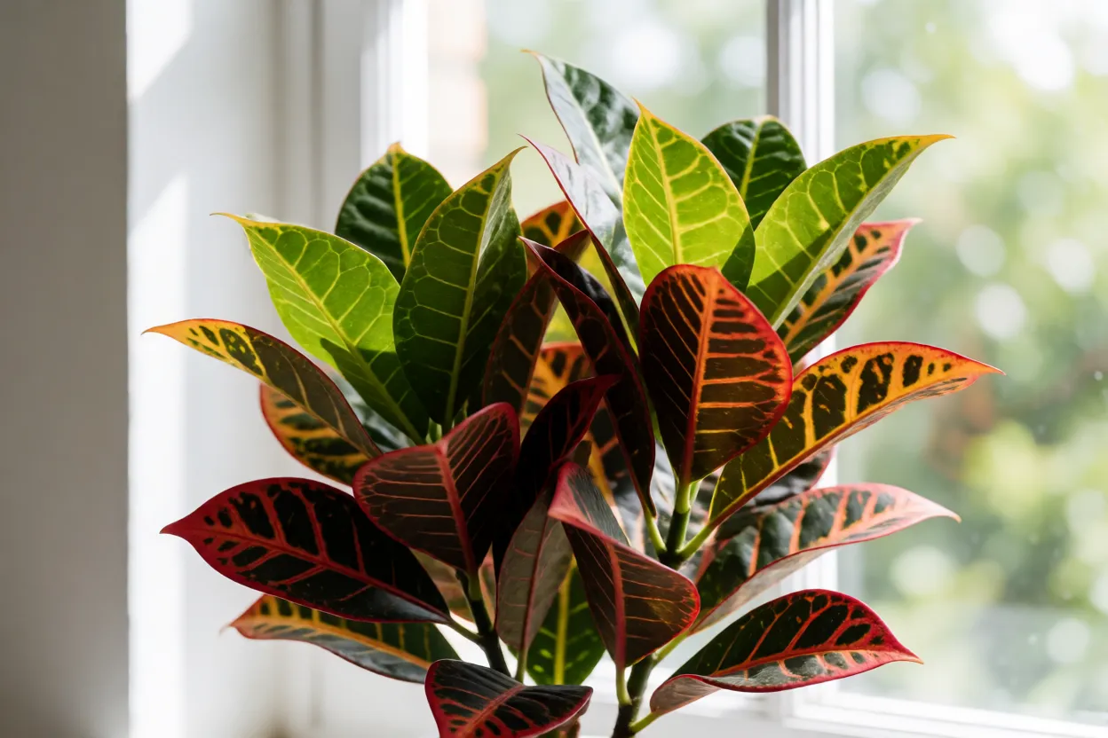 Croton posicionado perto de janela com luz brilhante indireta