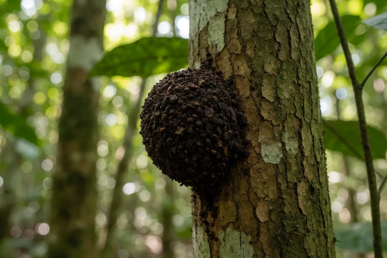 Ninho arborícola escuro de cupim em tronco de árvore