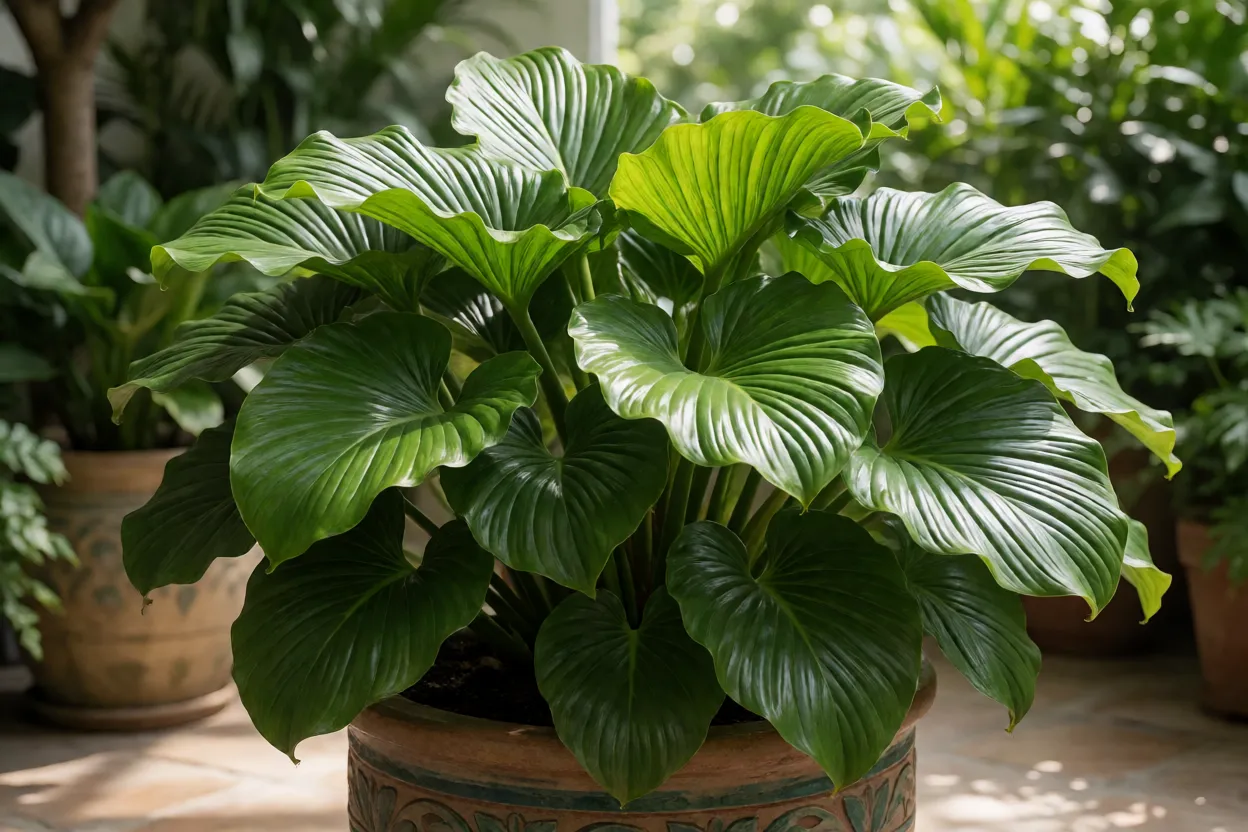 Curculigo adulta em vaso grande com touceira densa de folhas largas