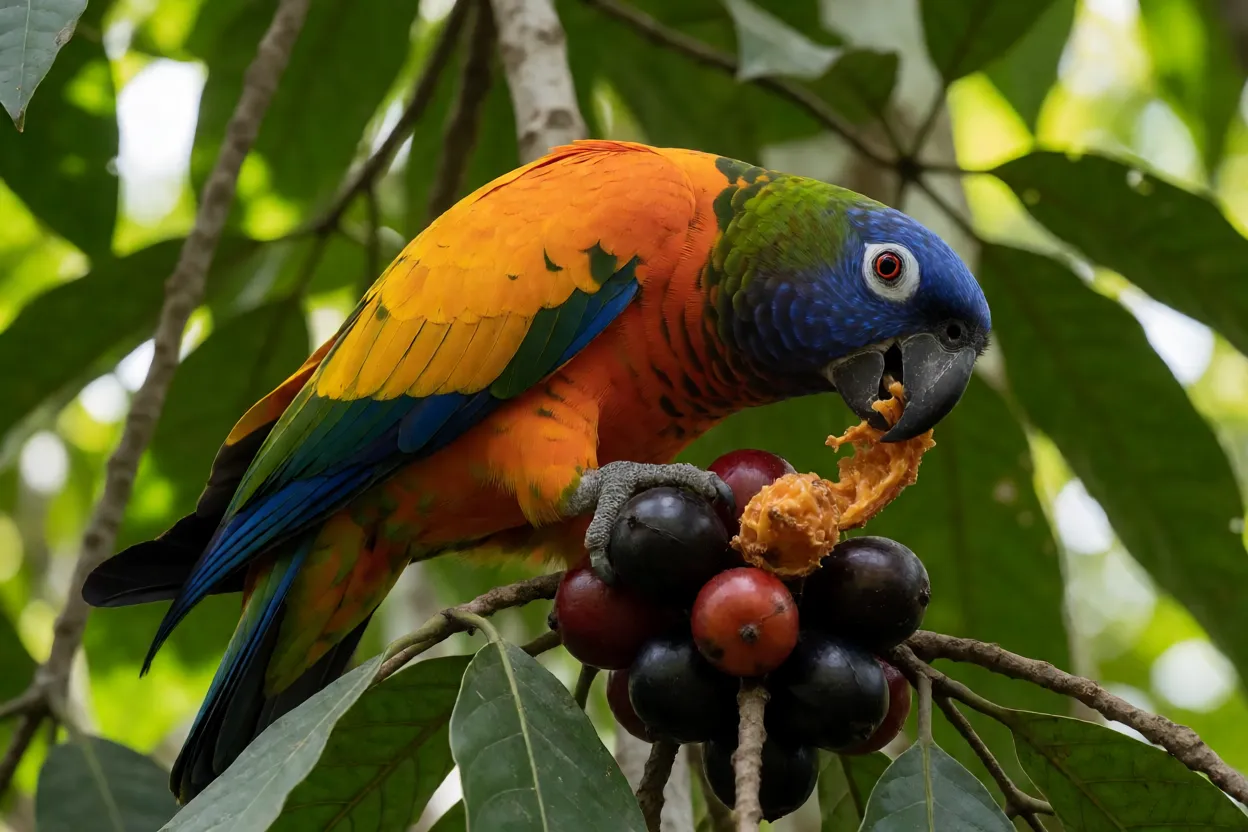 Curica se alimentando de frutos de açaí na várzea amazônica