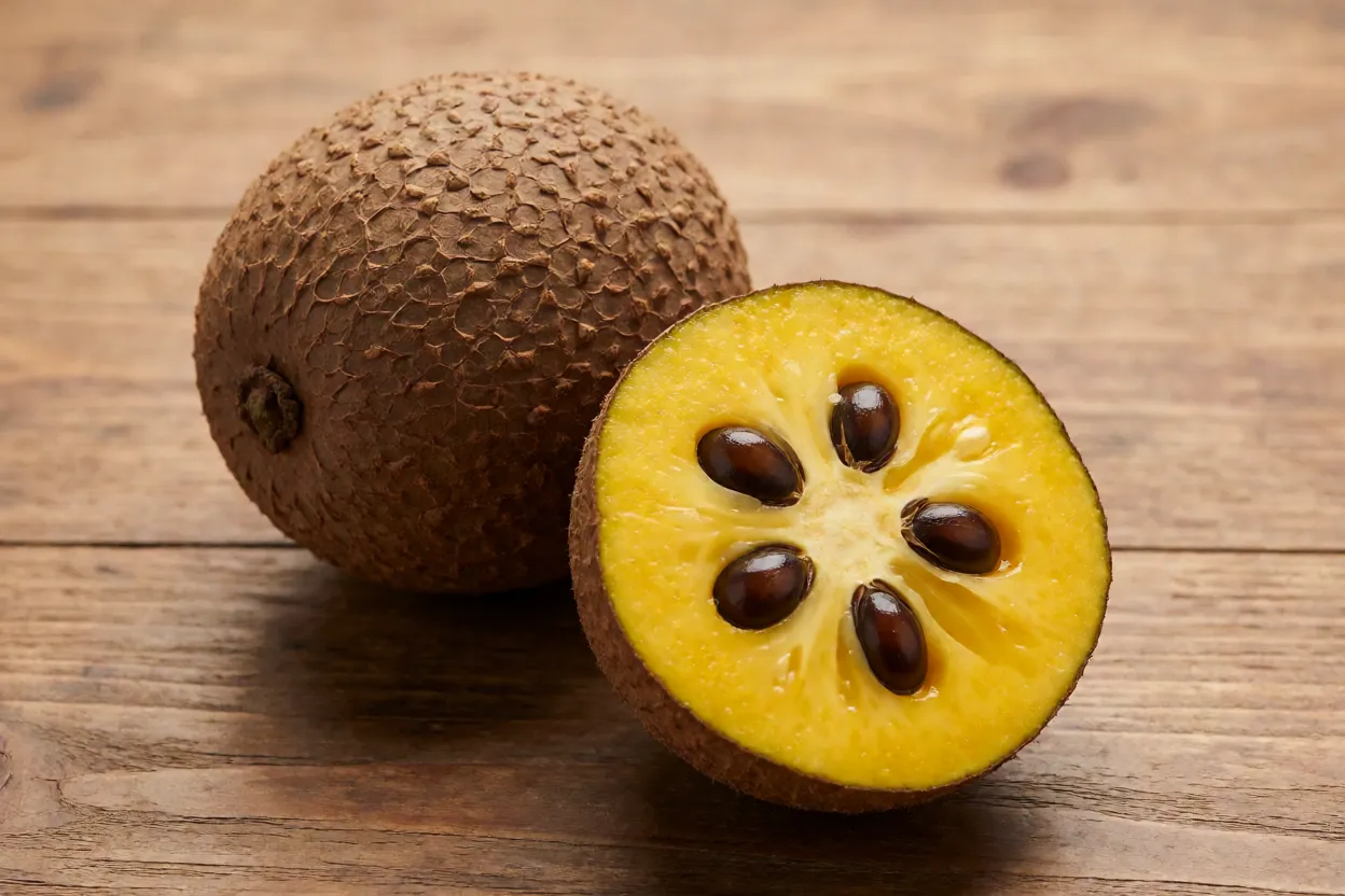 Frutos de curriola inteiros e cortado ao meio mostrando polpa amarela e sementes