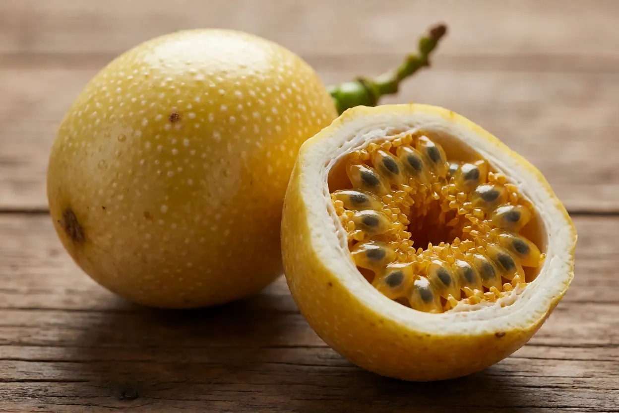 Frutos de curuba inteiros e cortado ao meio mostrando polpa alaranjada com sementes