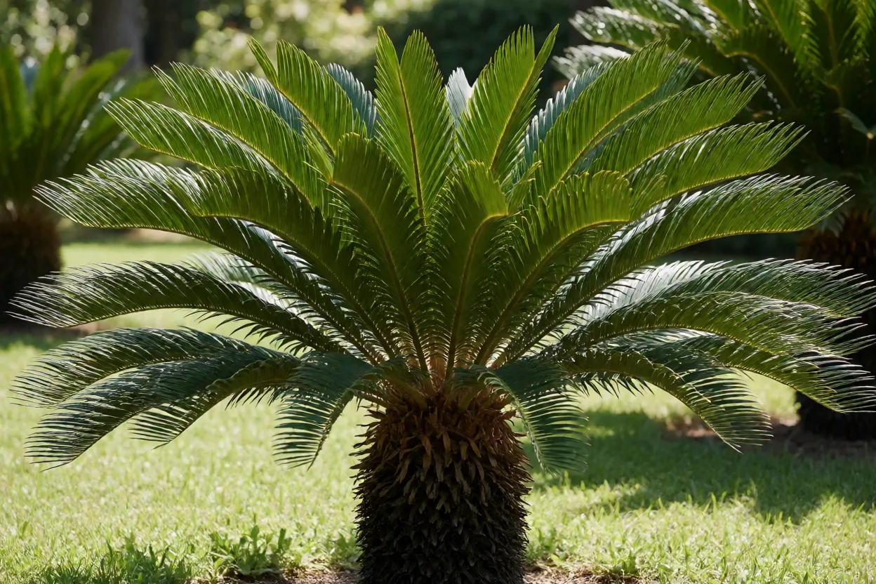 Cycas revoluta adulta com tronco escuro e coroa de folhas verdes brilhantes