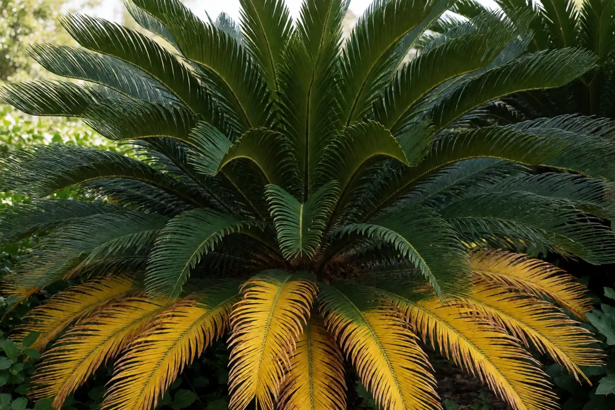 Folhas de cica amareladas contrastando com folhas saud&aacute;veis