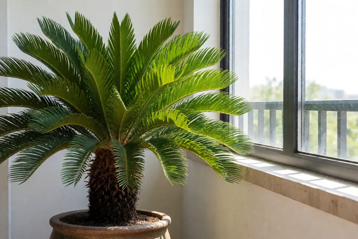 Cica em vaso grande na varanda ensolarada