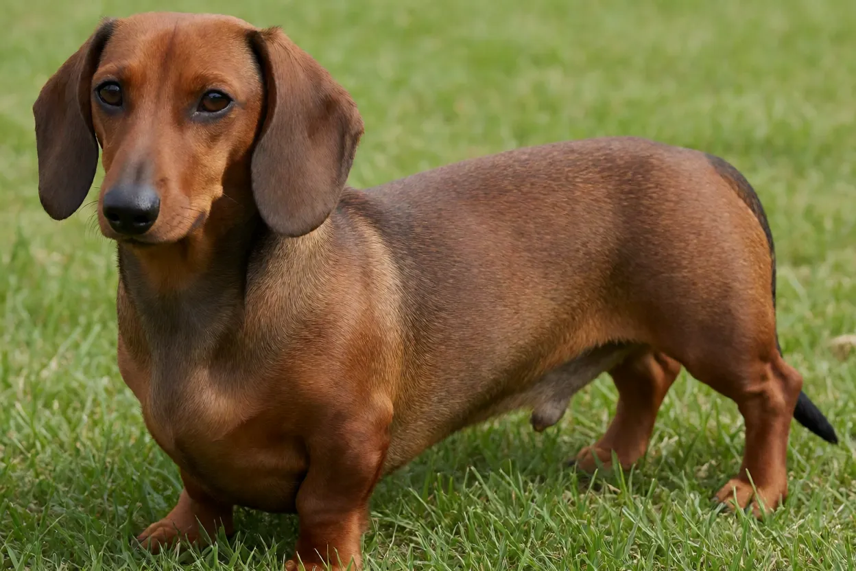 Dachshund adulto de pelo liso marrom-avermelhado em pé na grama visto de três quartos