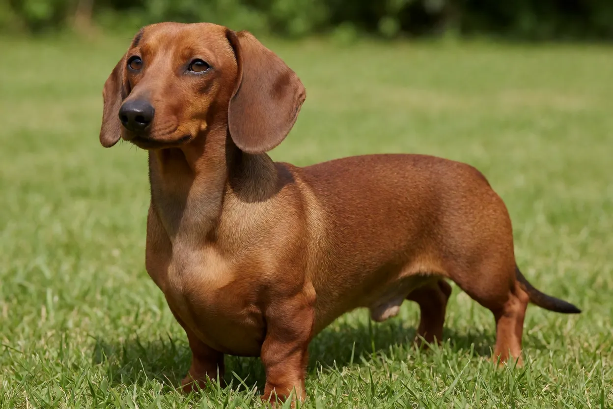 Dachshund de pelo liso vermelho em pose alerta