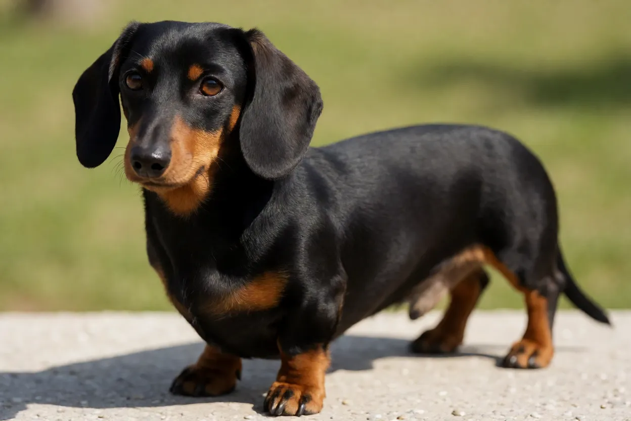 Dachshund com postura arqueada indicando dor