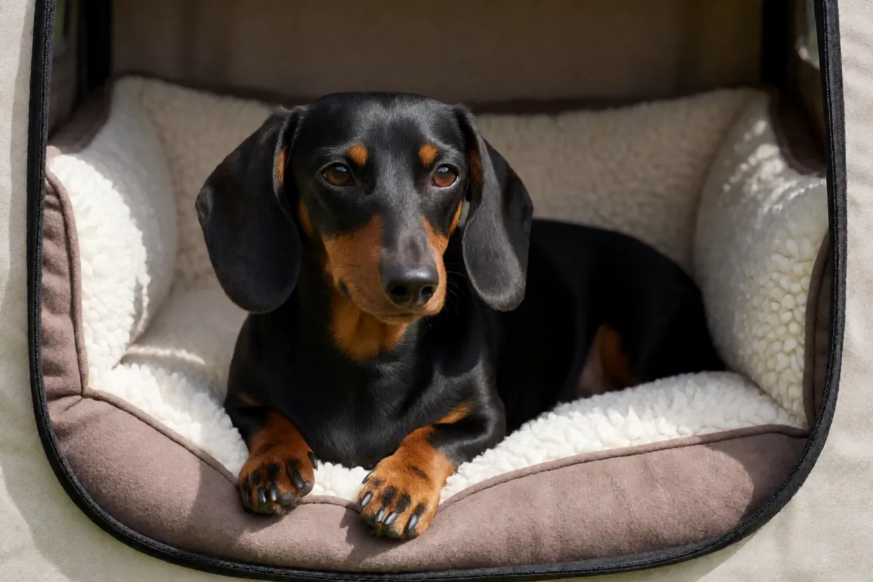 Dachshund em repouso controlado ap&oacute;s alerta de coluna