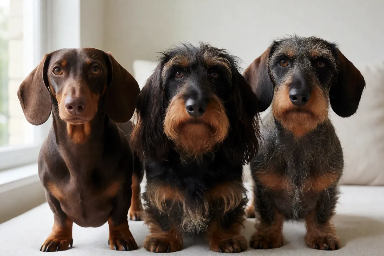 Compara&ccedil;&atilde;o dos tr&ecirc;s tipos de pelo do Dachshund