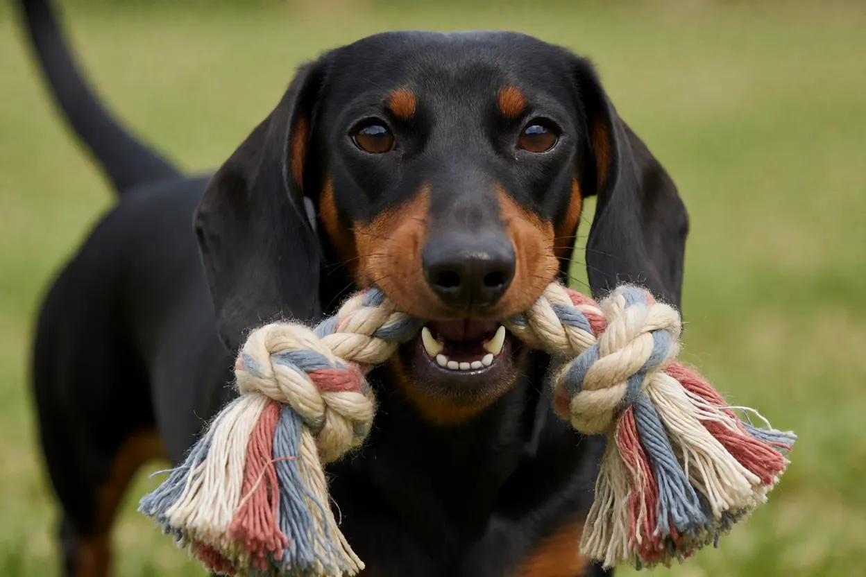 Dachshund brincando com brinquedo de corda
