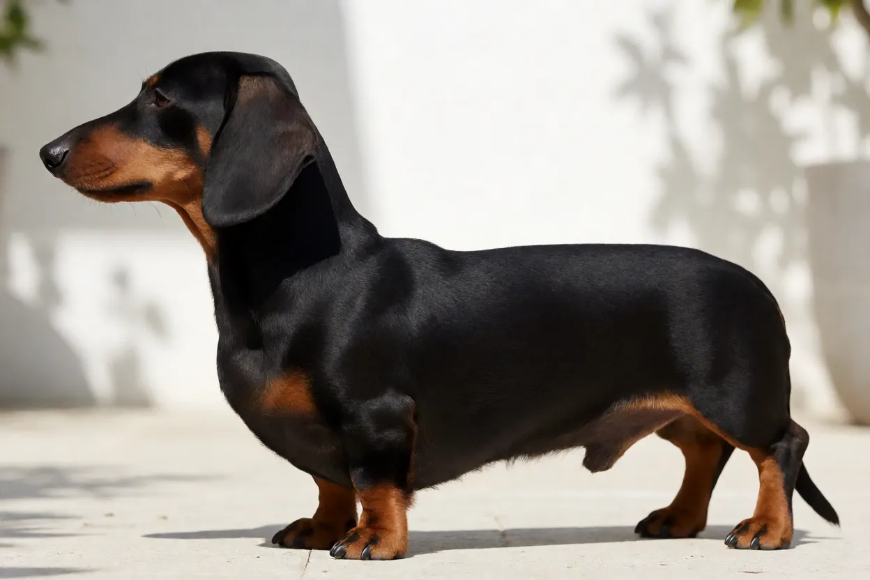 Dachshund em perfil mostrando a coluna alongada