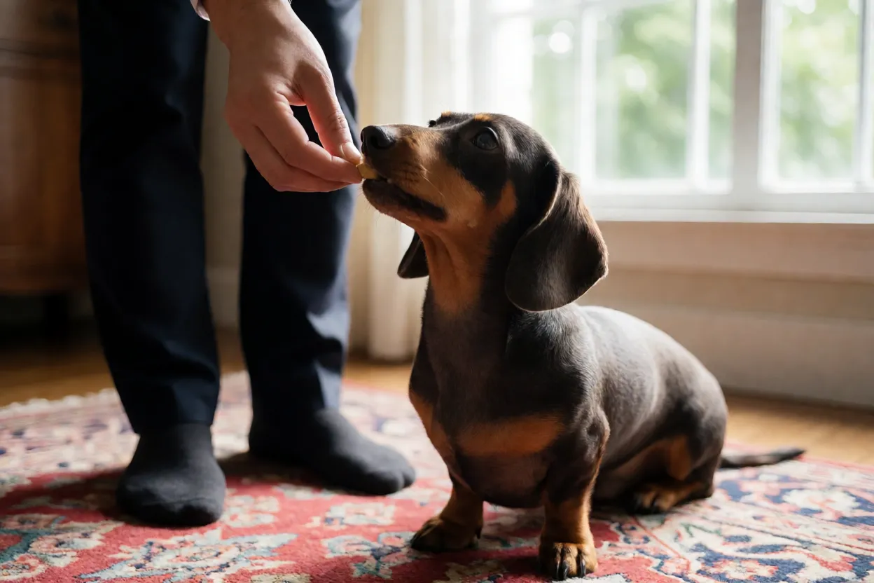Dachshund sentado recebendo petisco de treinamento