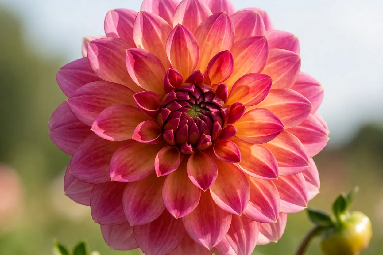 Flor de dália ornamental com pétalas coloridas em close-up