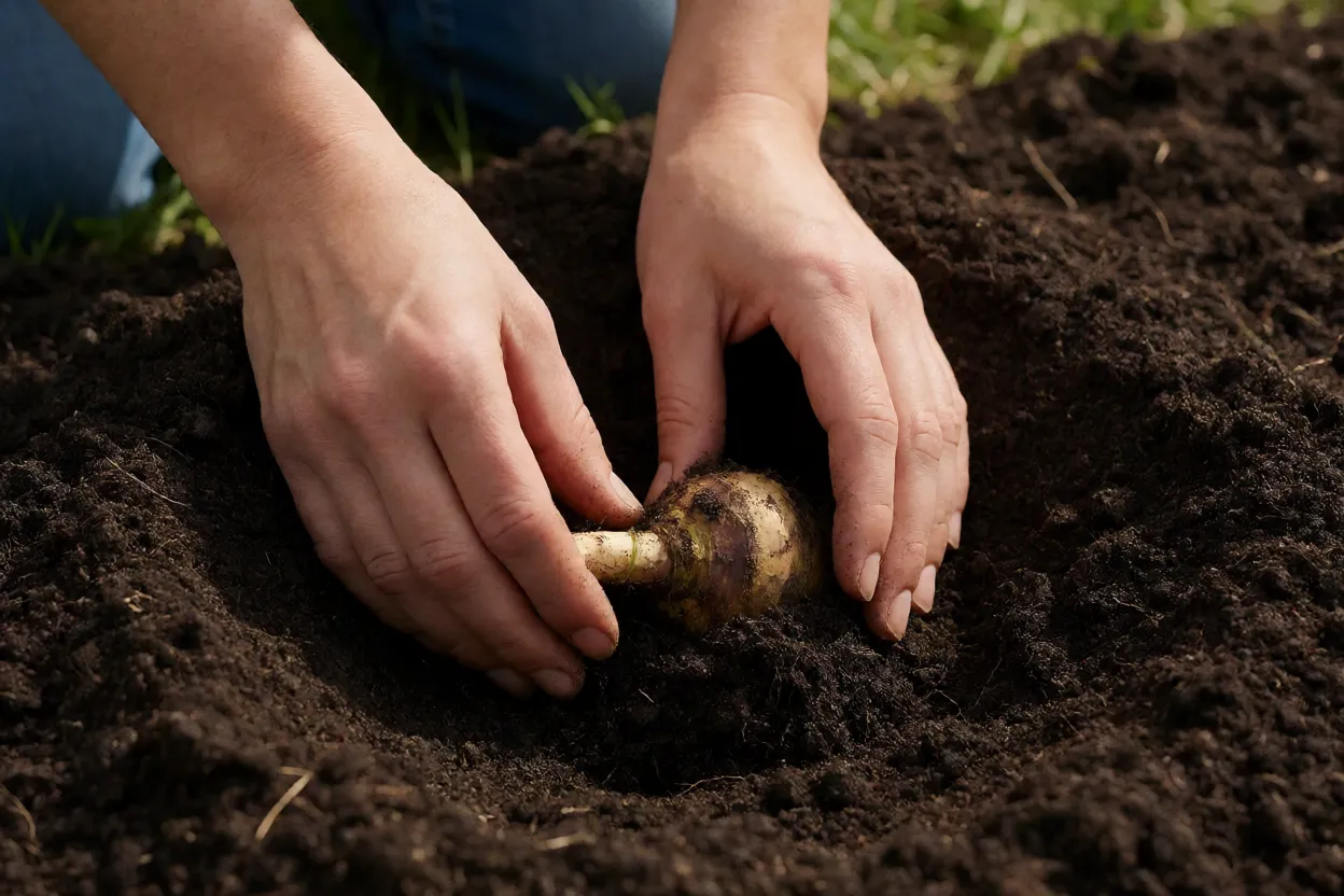 Mãos plantando tubérculo de dália no solo