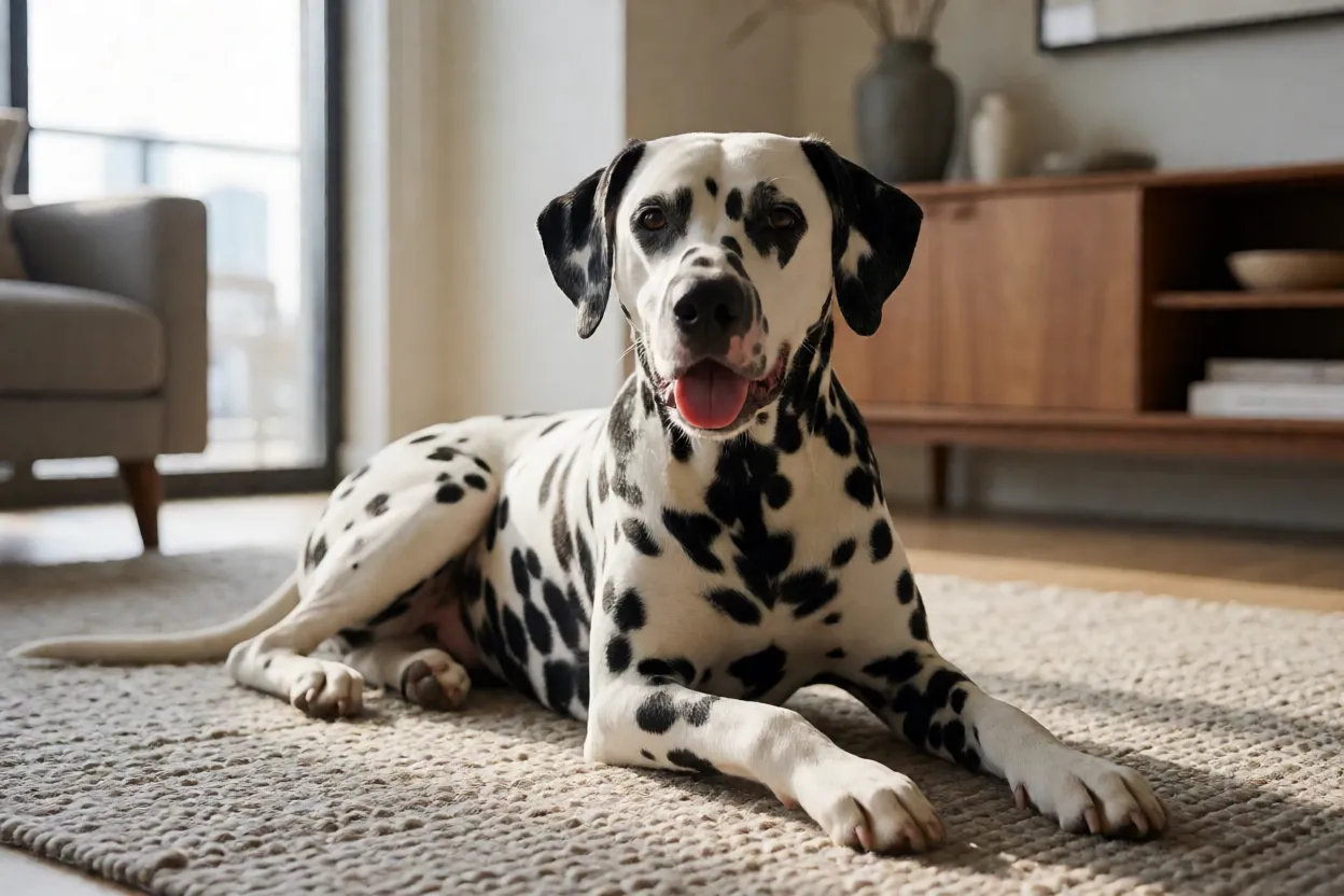 Dálmata: personalidade, manchas e como cuidar da raça Dálmata descansando em apartamento moderno após exercício
