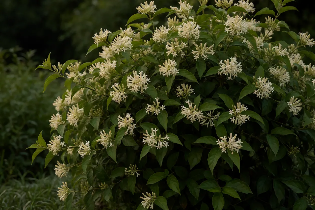 Dama-da-noite arbusto Cestrum nocturnum florido no jardim à noite