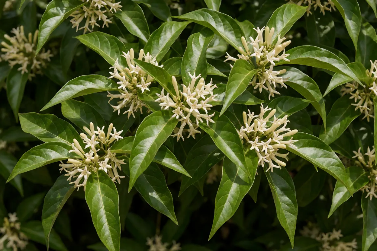 Arbusto de dama-da-noite com folhas verdes e flores tubulares creme