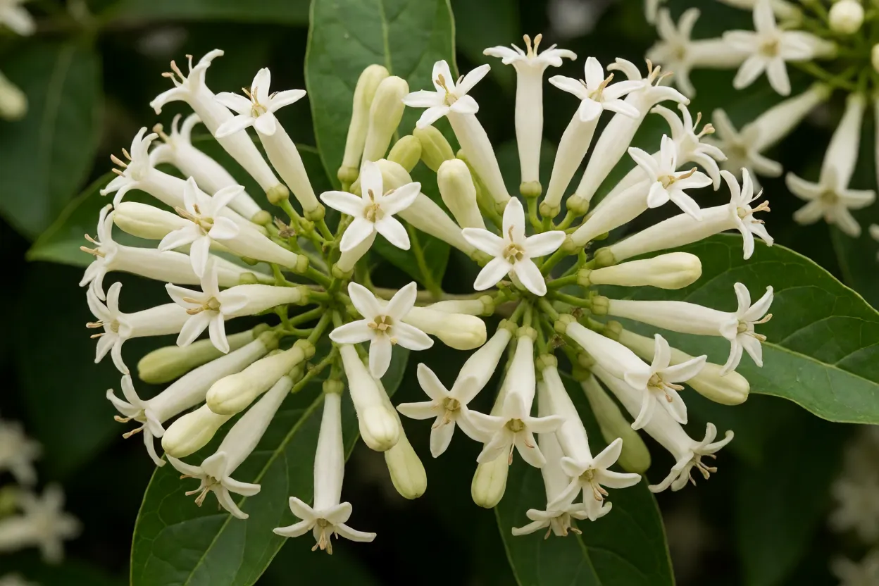 Cacho de flores tubulares creme da dama-da-noite em flora&ccedil;&atilde;o
