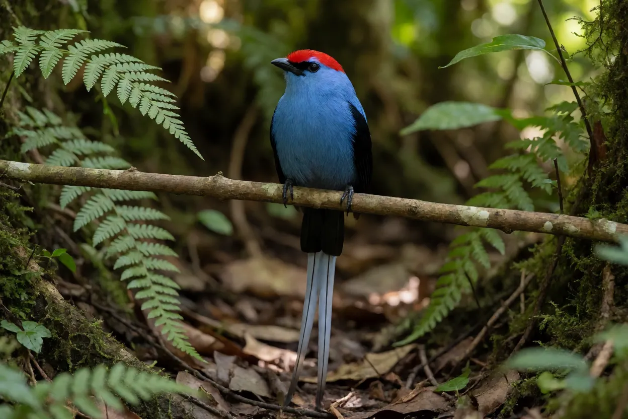 Dançador-azul macho adulto pousado em galho fino na Mata Atlântica