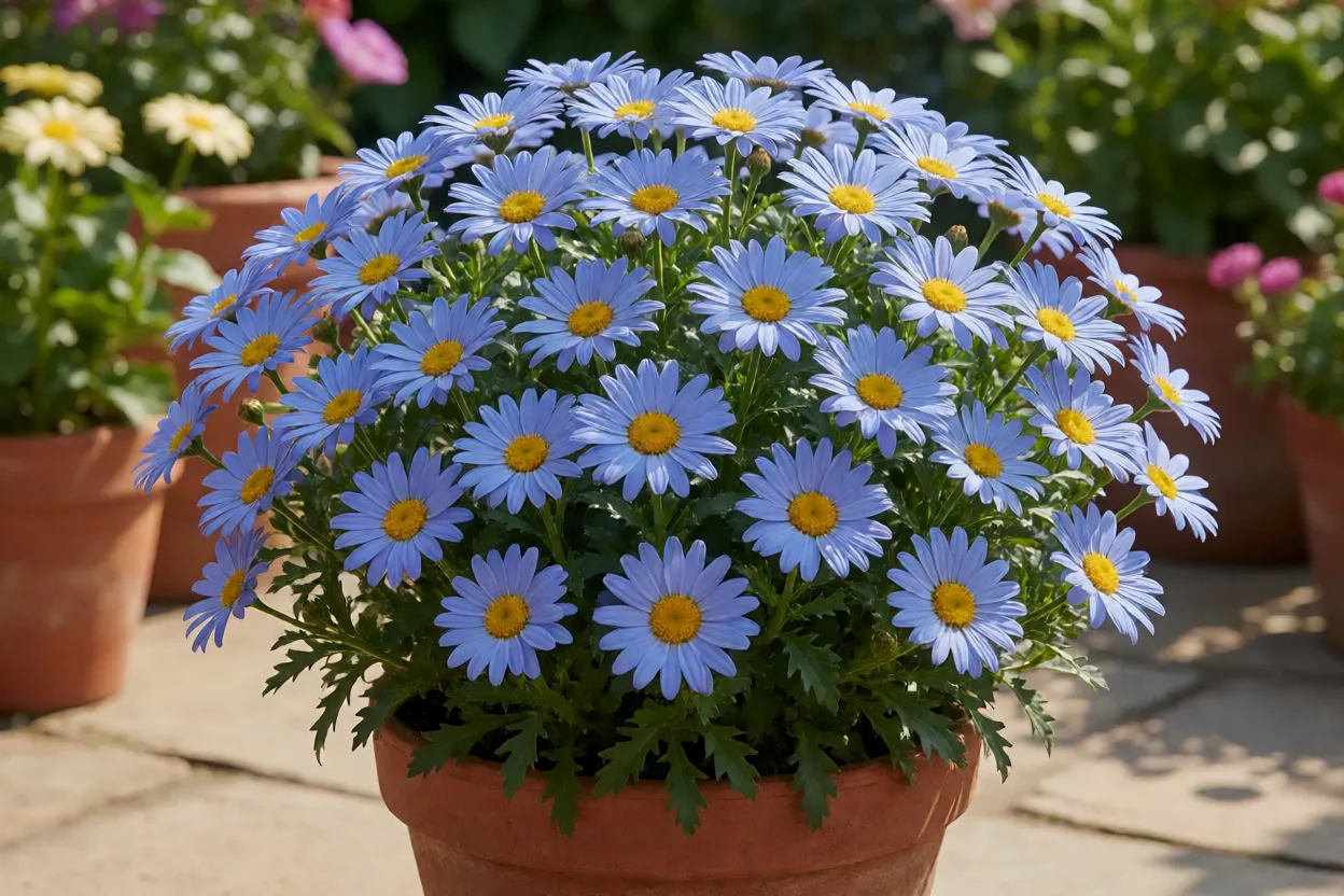 Danúbio-azul adulto em vaso de barro com flores azul-celeste e centro amarelo