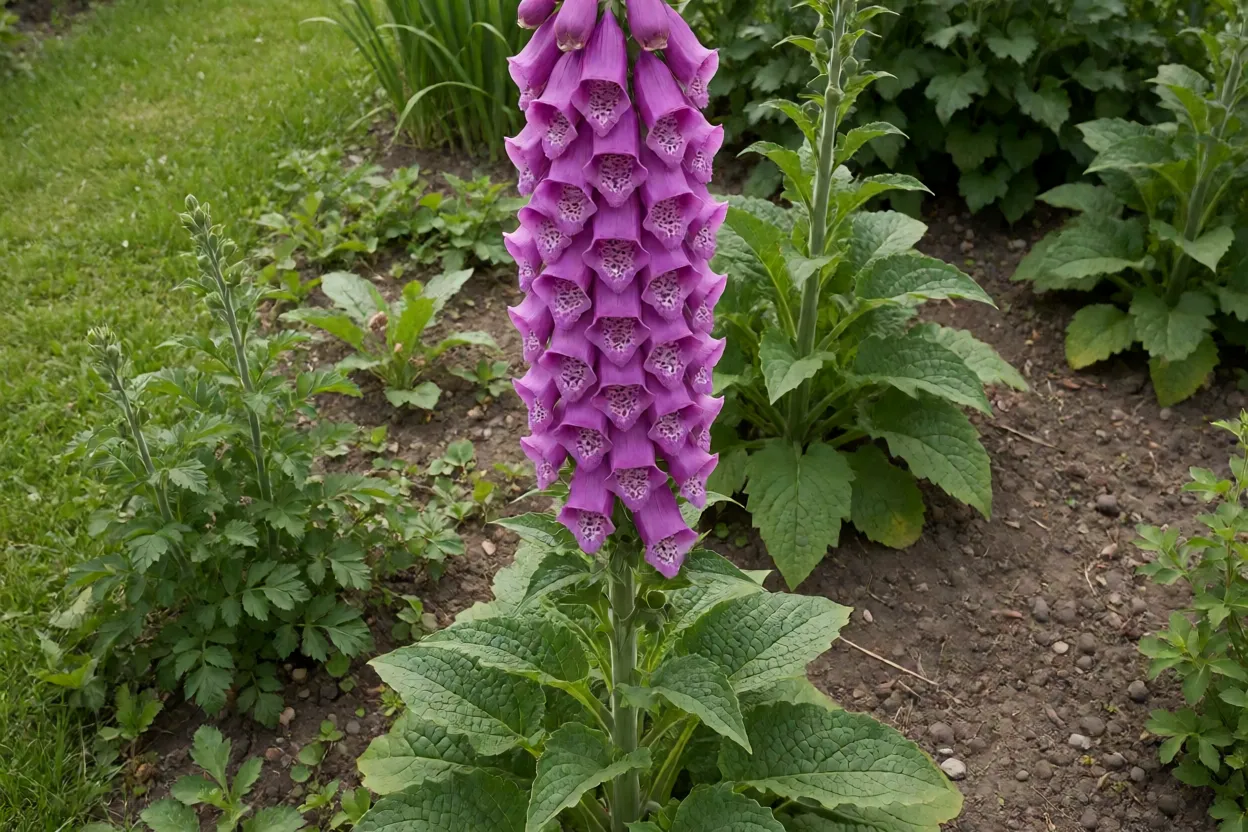 Dedaleira adulta florida em canteiro de jardim com haste alta e flores roxas em forma de dedal