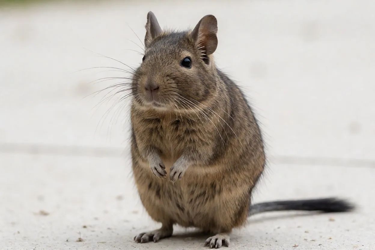 Degu adulto de corpo inteiro com pelagem aguti e cauda com pincel