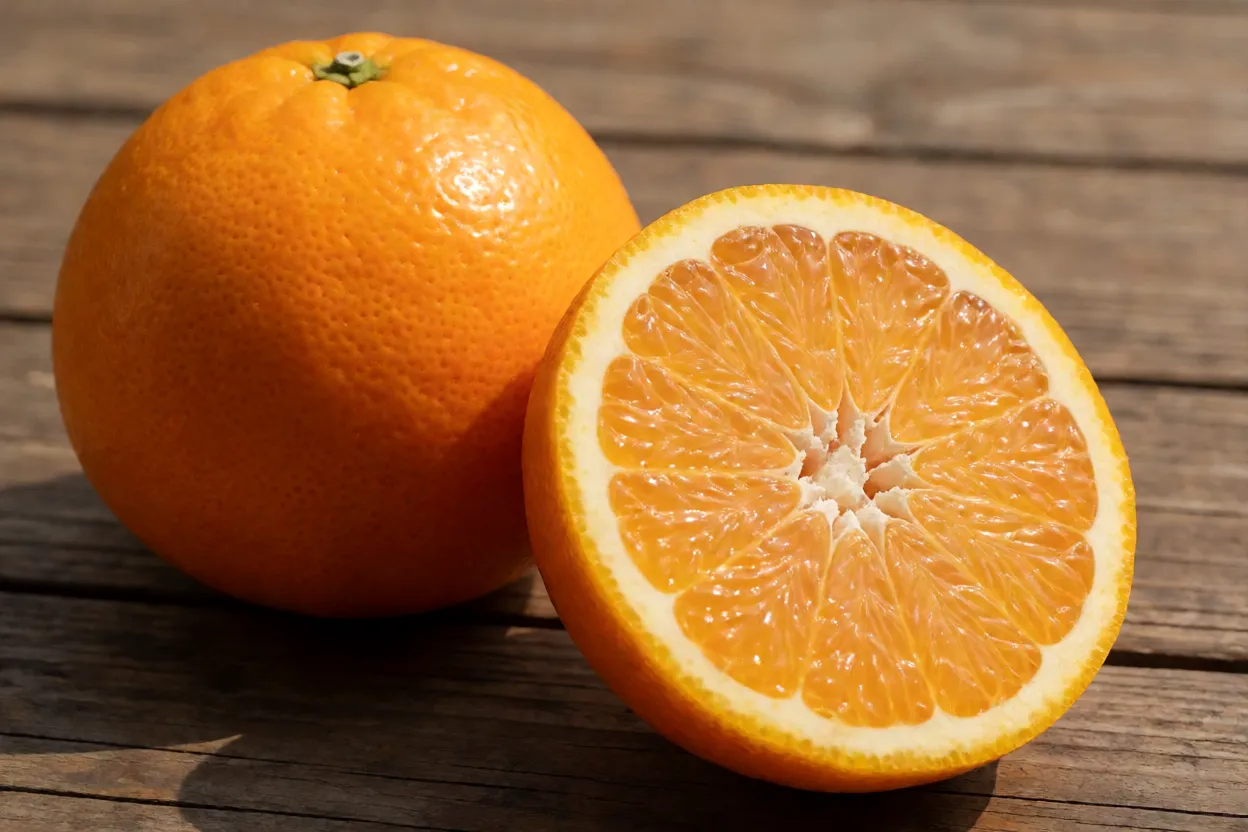 Fruta Dekopon inteira e cortada ao meio mostrando gomos suculentos