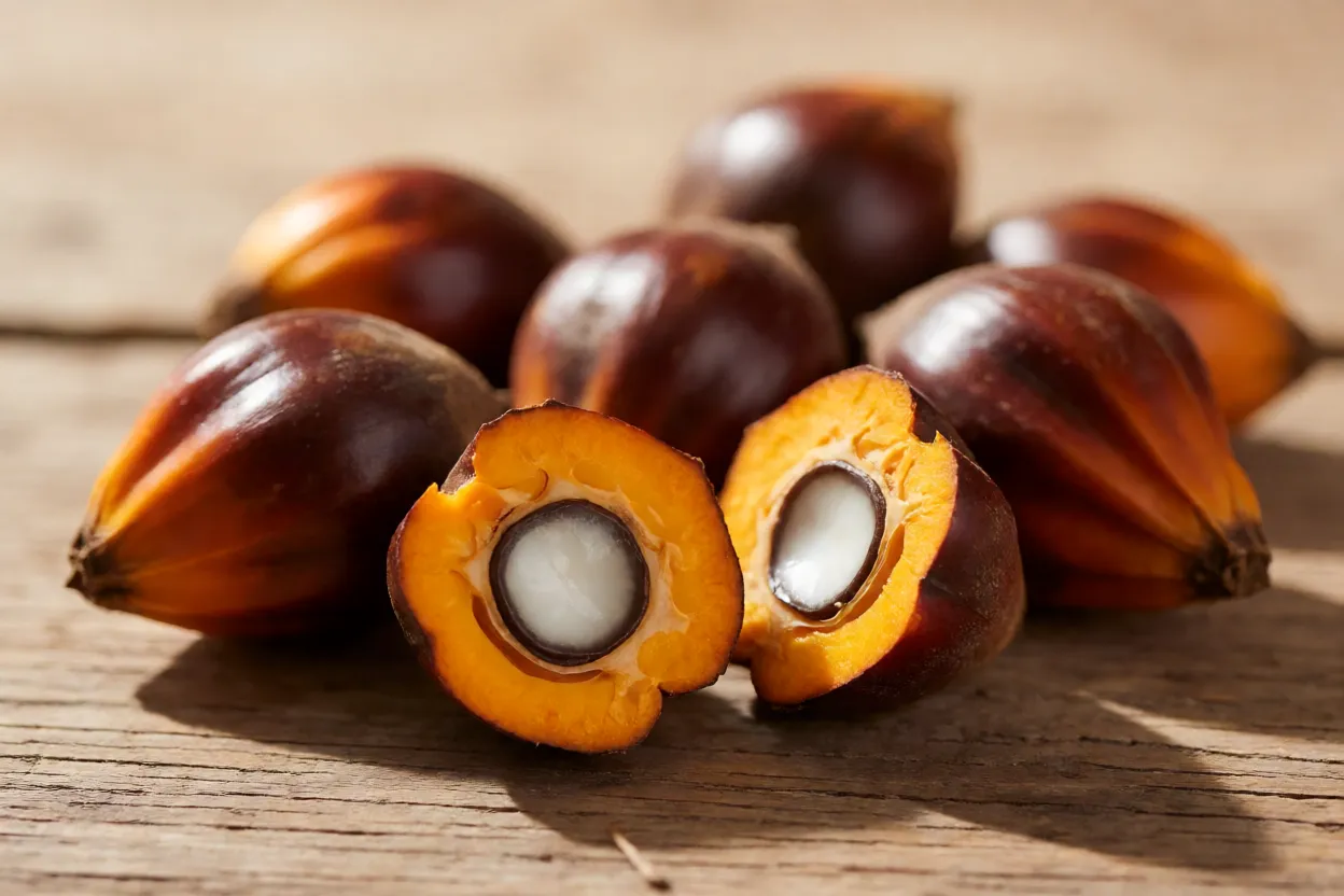 Frutos frescos de dendê inteiros e cortados mostrando polpa laranja e caroço
