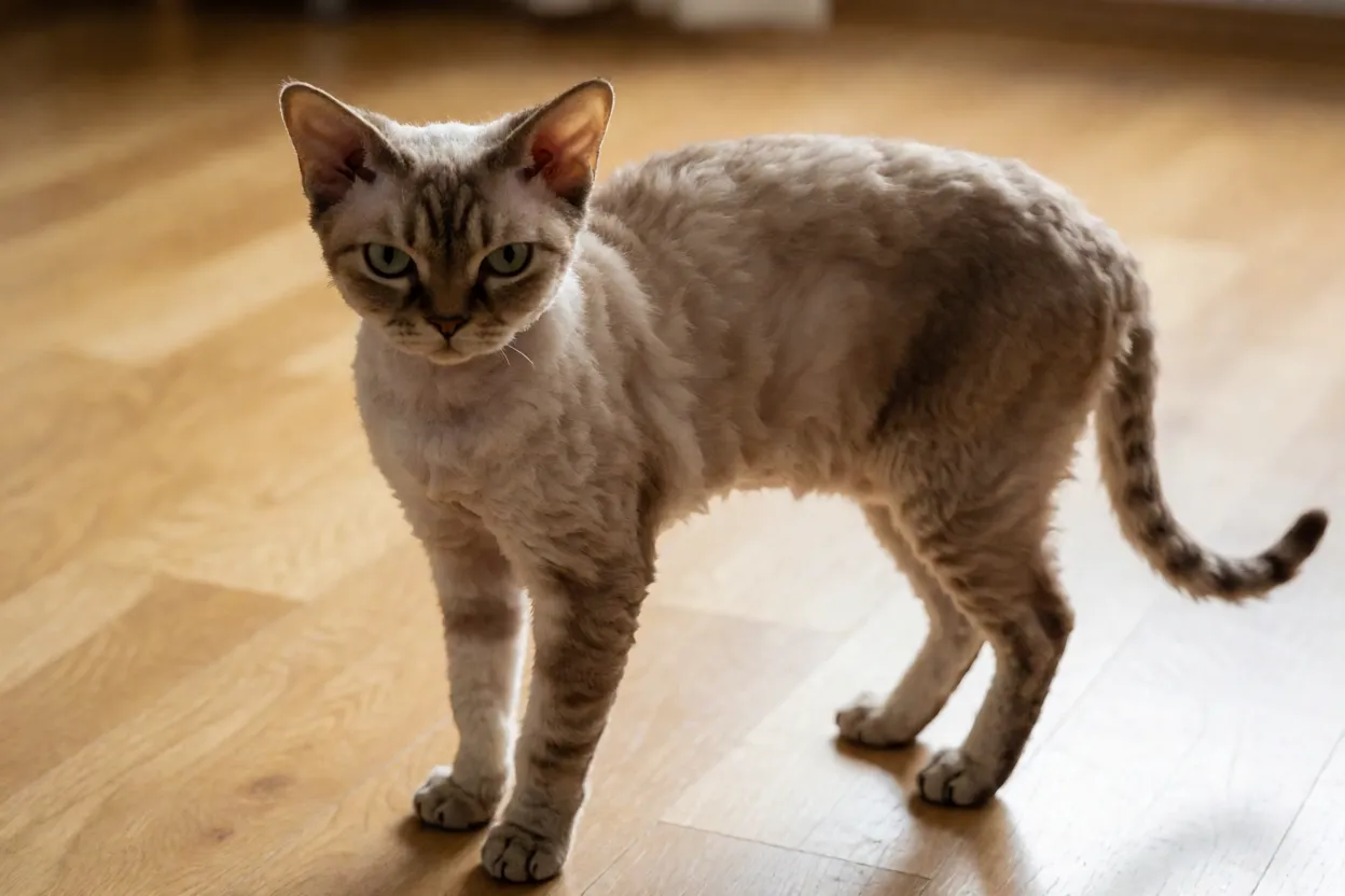 Devon Rex Gato Devon Rex adulto de corpo inteiro com pelagem encaracolada e orelhas grandes
