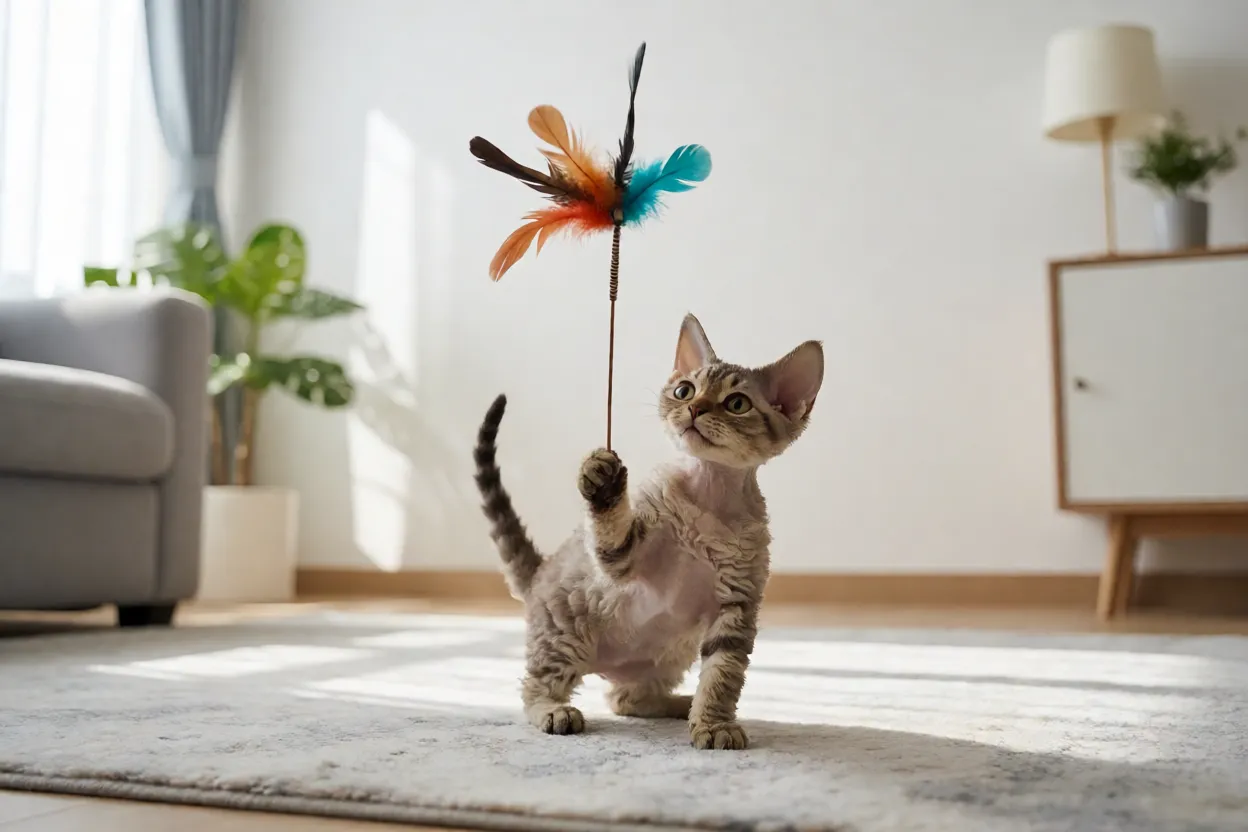 Filhote de Devon Rex brincando com varinha de penas