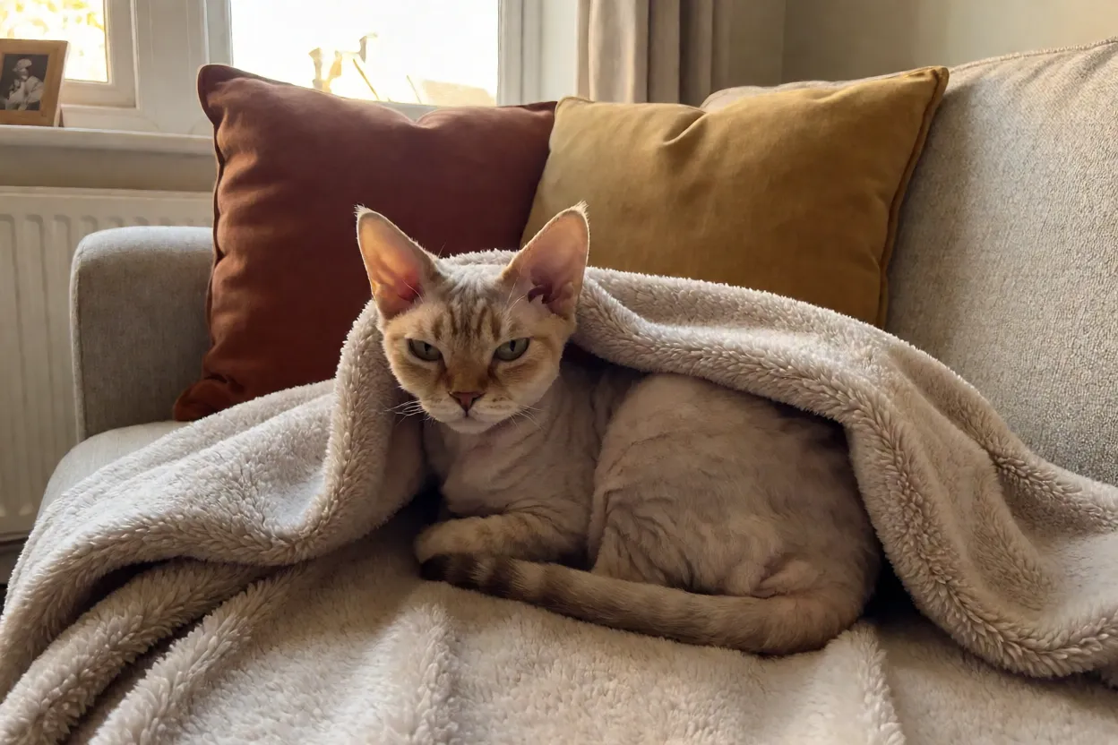 Gato Devon Rex enrolado em cobertor macio no sofá