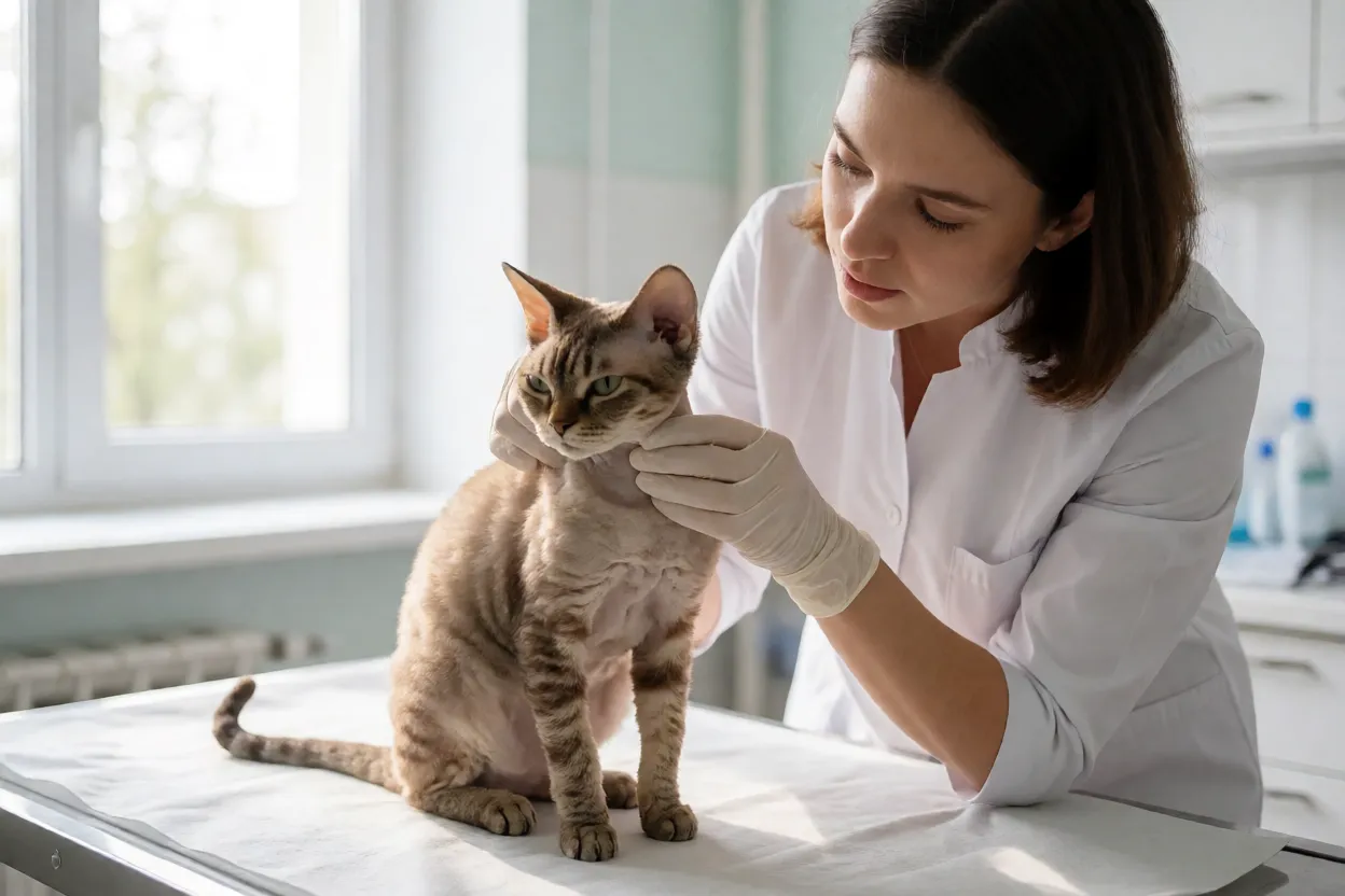 Veterin&aacute;ria examinando um Devon Rex em consulta