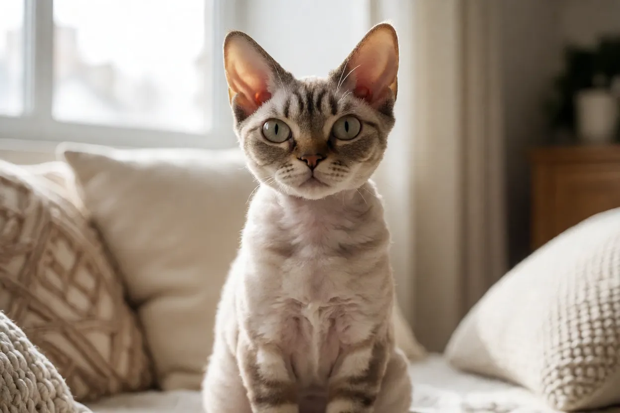 Devon Rex relaxado em casa com express&atilde;o curiosa