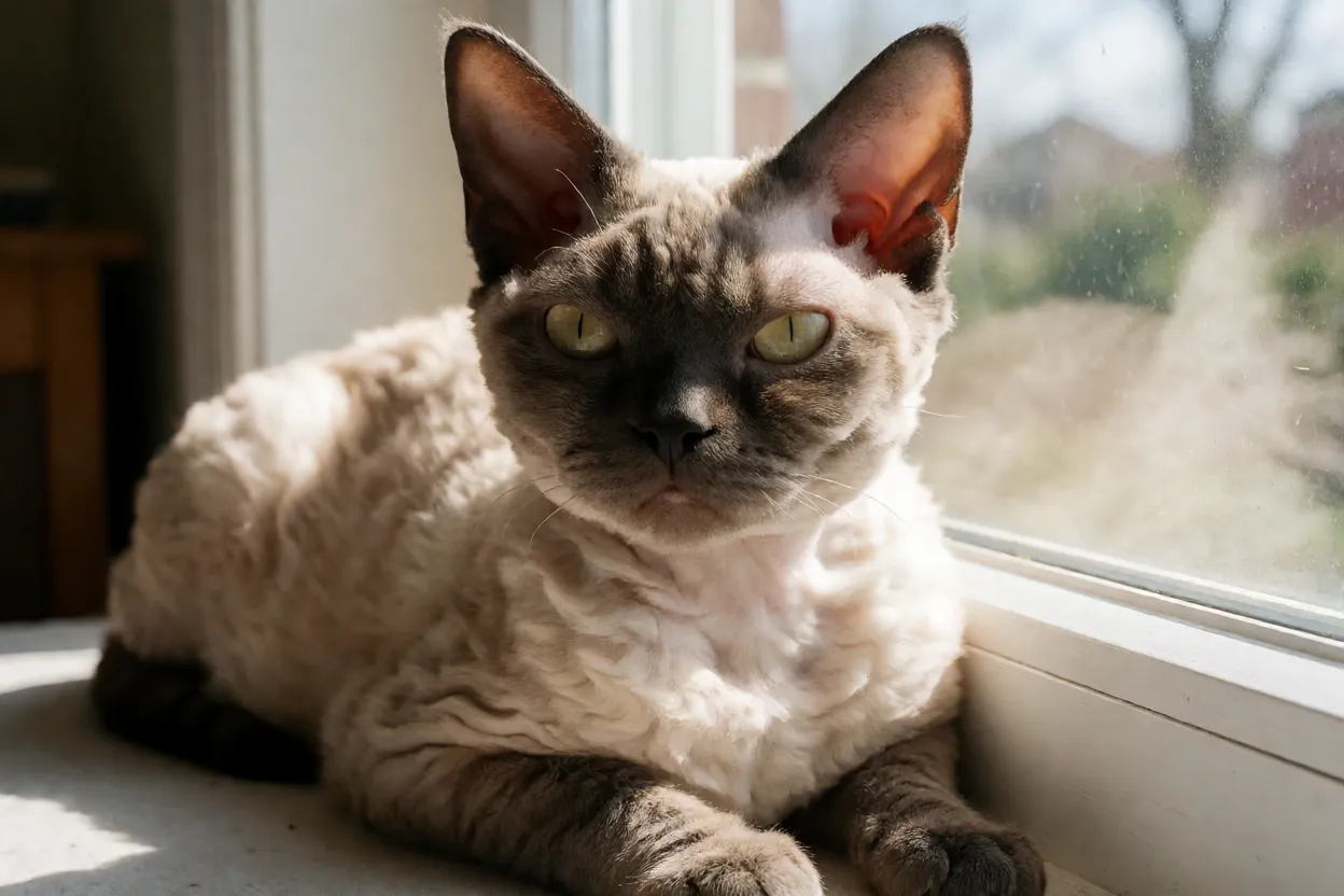 Devon Rex de pelo curto deitado perto de uma janela ensolarada