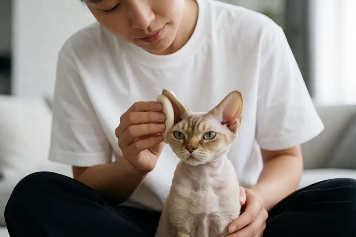 Tutor limpando com cuidado a orelha grande de um Devon Rex