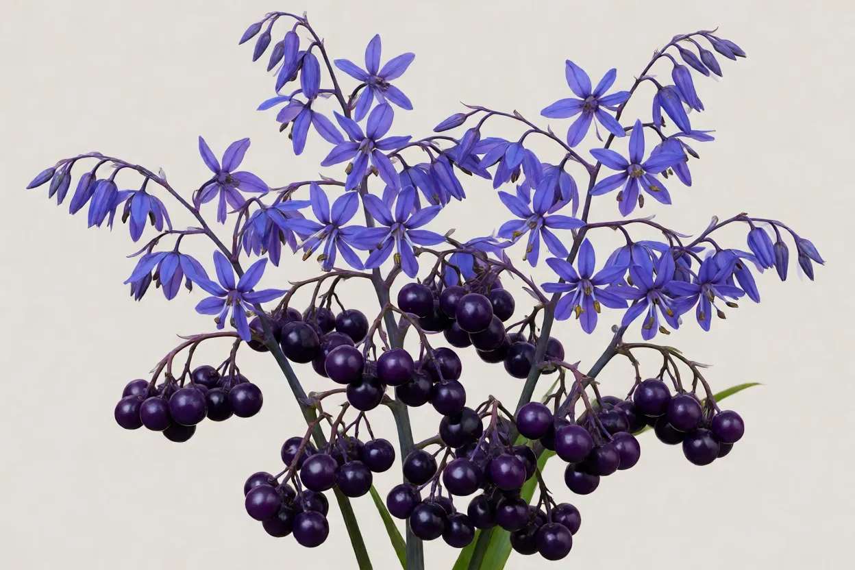 Flores azuis e bagas viol&aacute;ceas de dionela