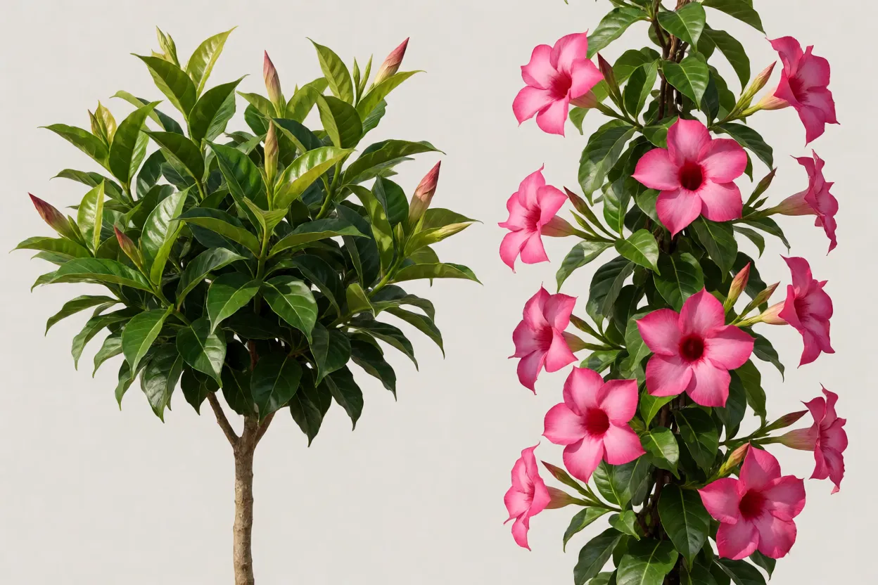 Compara&ccedil;&atilde;o visual entre diplad&ecirc;nia compacta e mandevilla trepadeira