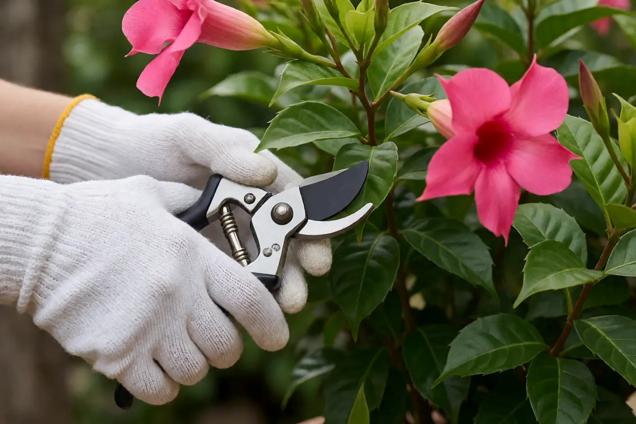 Poda de diplad&ecirc;nia com luvas e tesoura de jardinagem