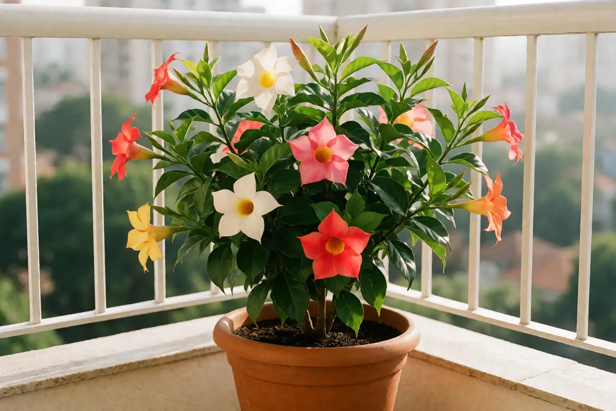 Dipladênia (Mandevilla): como cultivar, floração e cuidados no jardim Dipladênia em vaso no sol da manhã em varanda brasileira