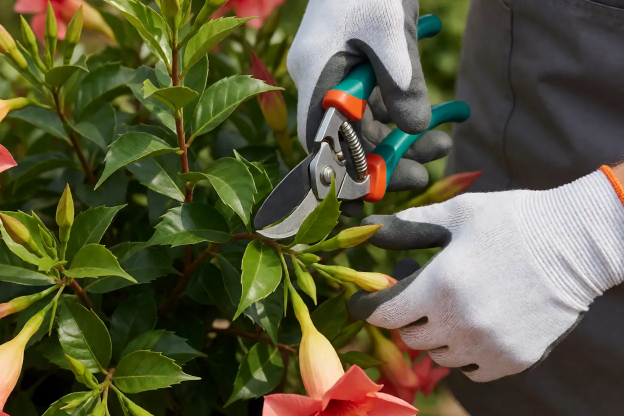 Dipladênia (Mandevilla): como cultivar, floração e cuidados no jardim Poda de dipladênia com luvas e tesoura de jardinagem