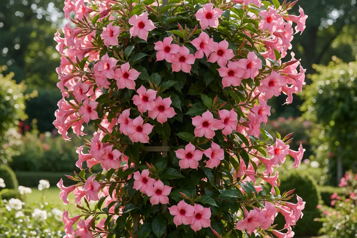 Dipladênia (Mandevilla): como cultivar, floração e cuidados no jardim Dipladênia coberta de flores rosa em treliça no verão