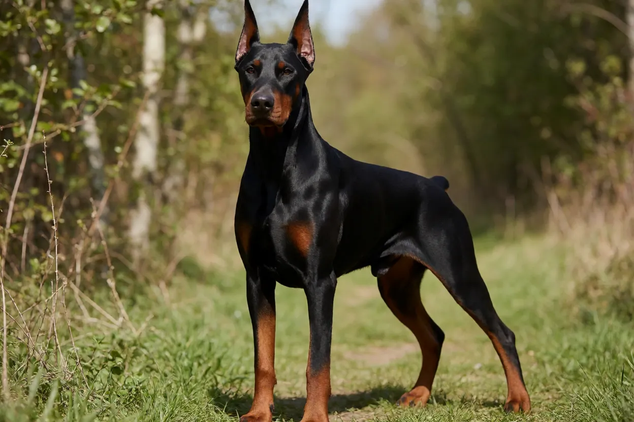 Doberman Pinscher adulto em postura elegante ao ar livre