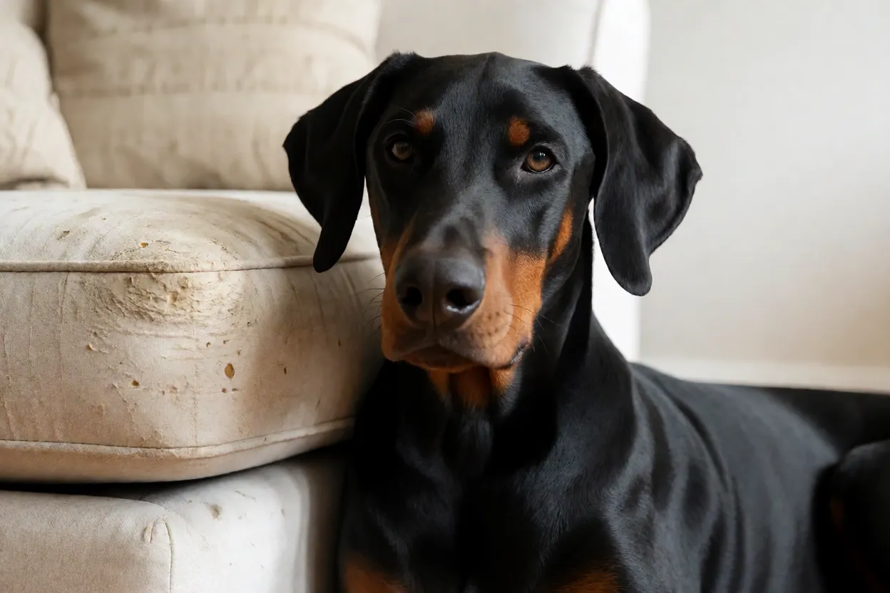 Doberman destruindo objeto por t&eacute;dio
