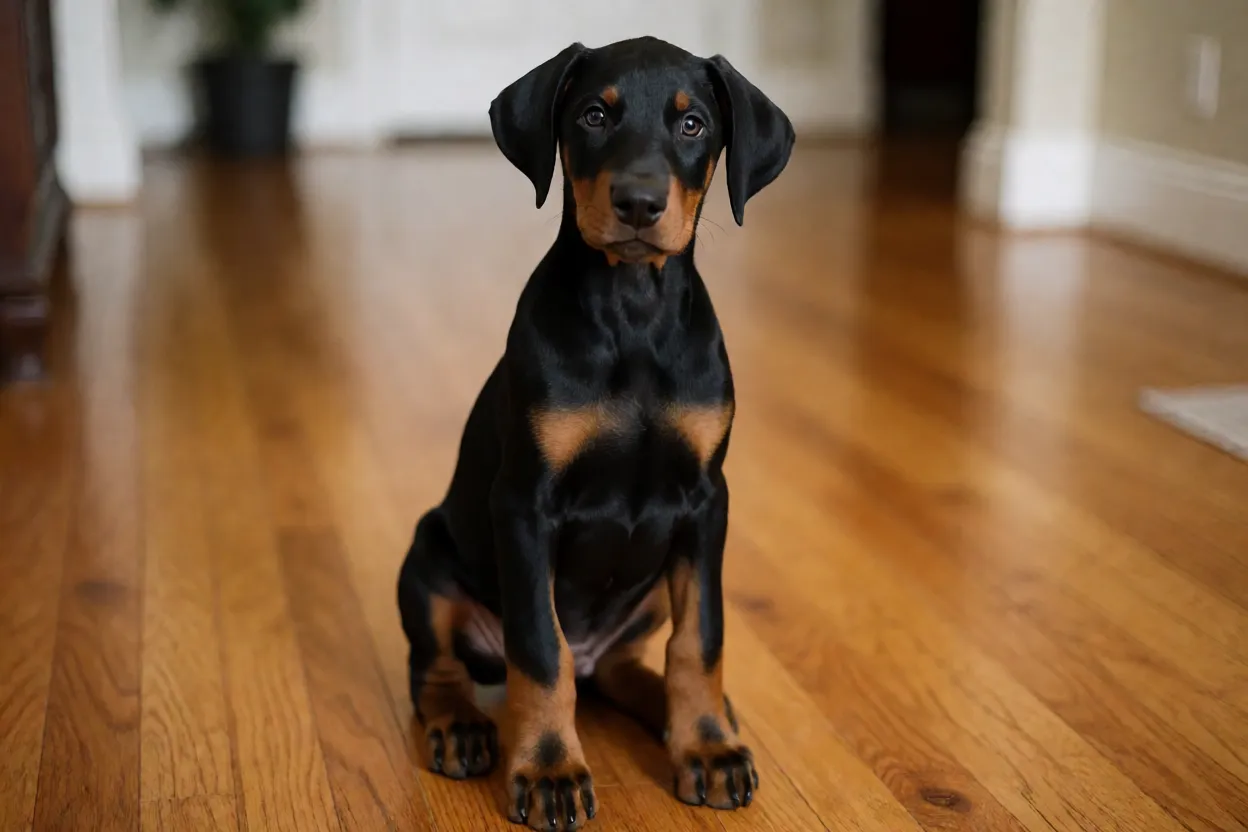 Filhote de Doberman em ambiente residencial