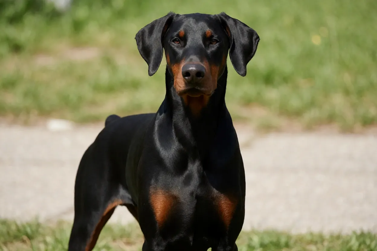Doberman adulto olhando para a c&acirc;mera com express&atilde;o confiante