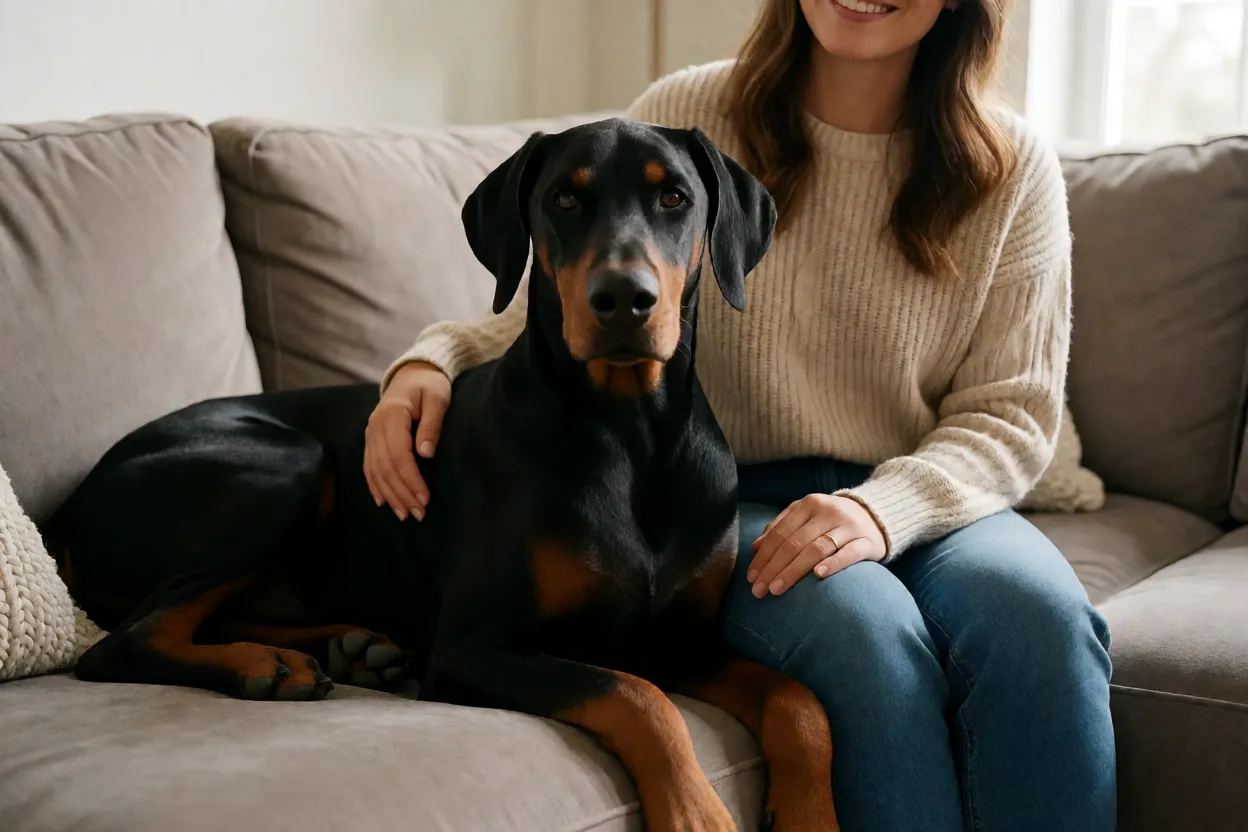 Doberman deitado ao lado do dono demonstrando v&iacute;nculo