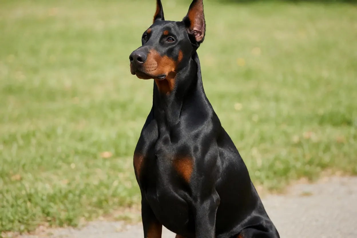 Doberman executando comando de obedi&ecirc;ncia